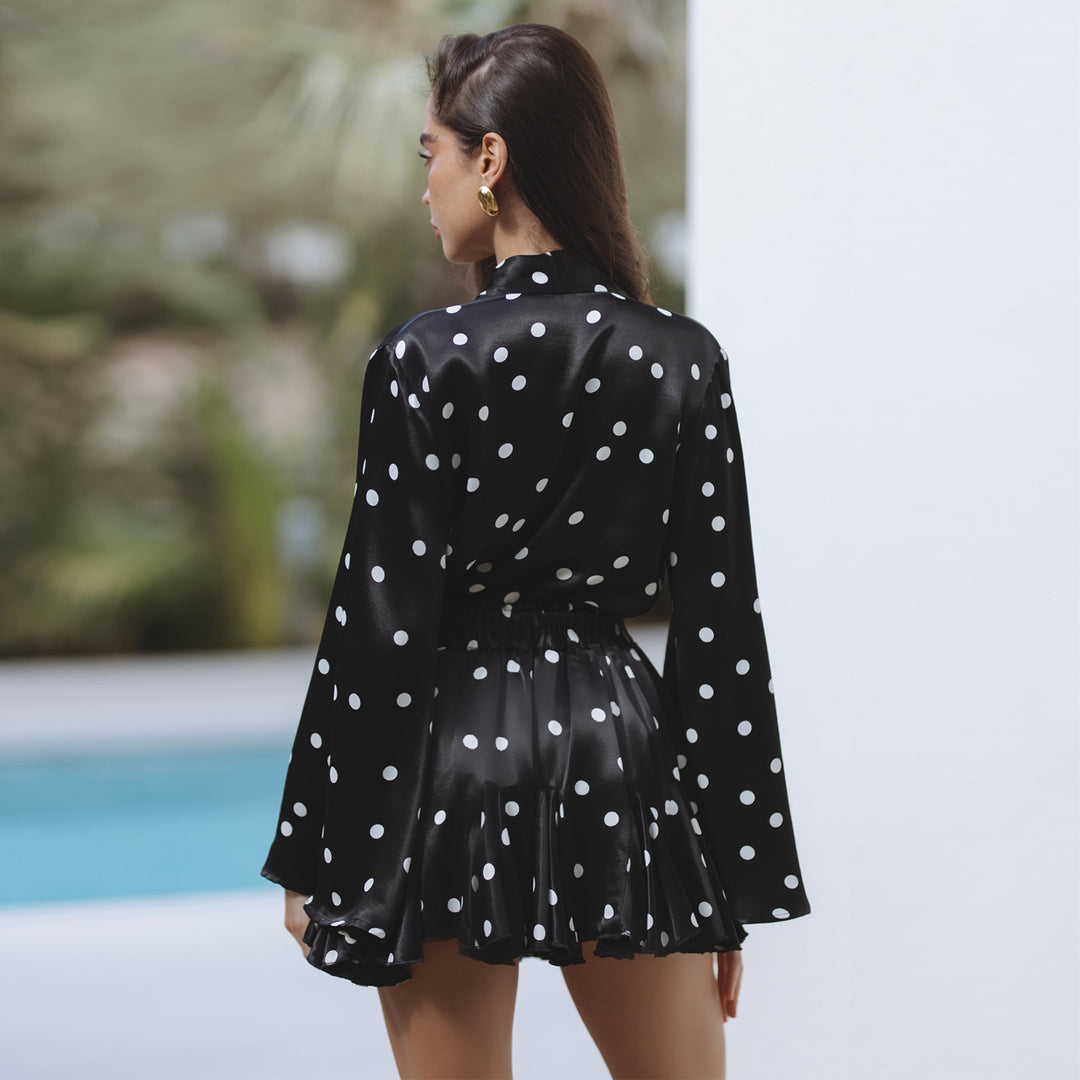 Dame Polka Dots Mini Kjole med V-hals og Bred Ærme Skovae