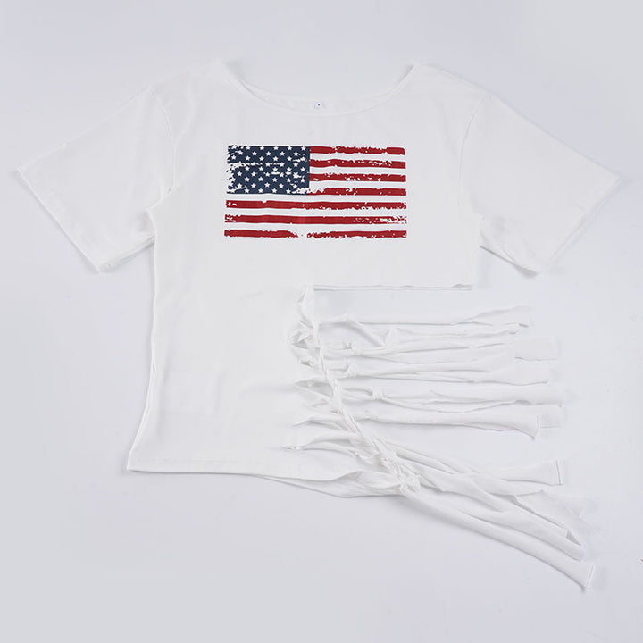 Dame casual crop top med amerikansk flaggemotiv og moderigtigt frynsedesign Skovae