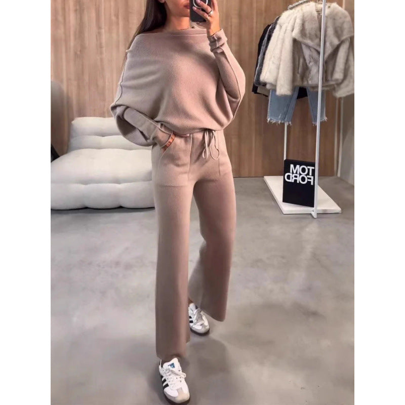 Dame afslappet strik-loungewear-sæt med bredt ben og åben skulder Stilla