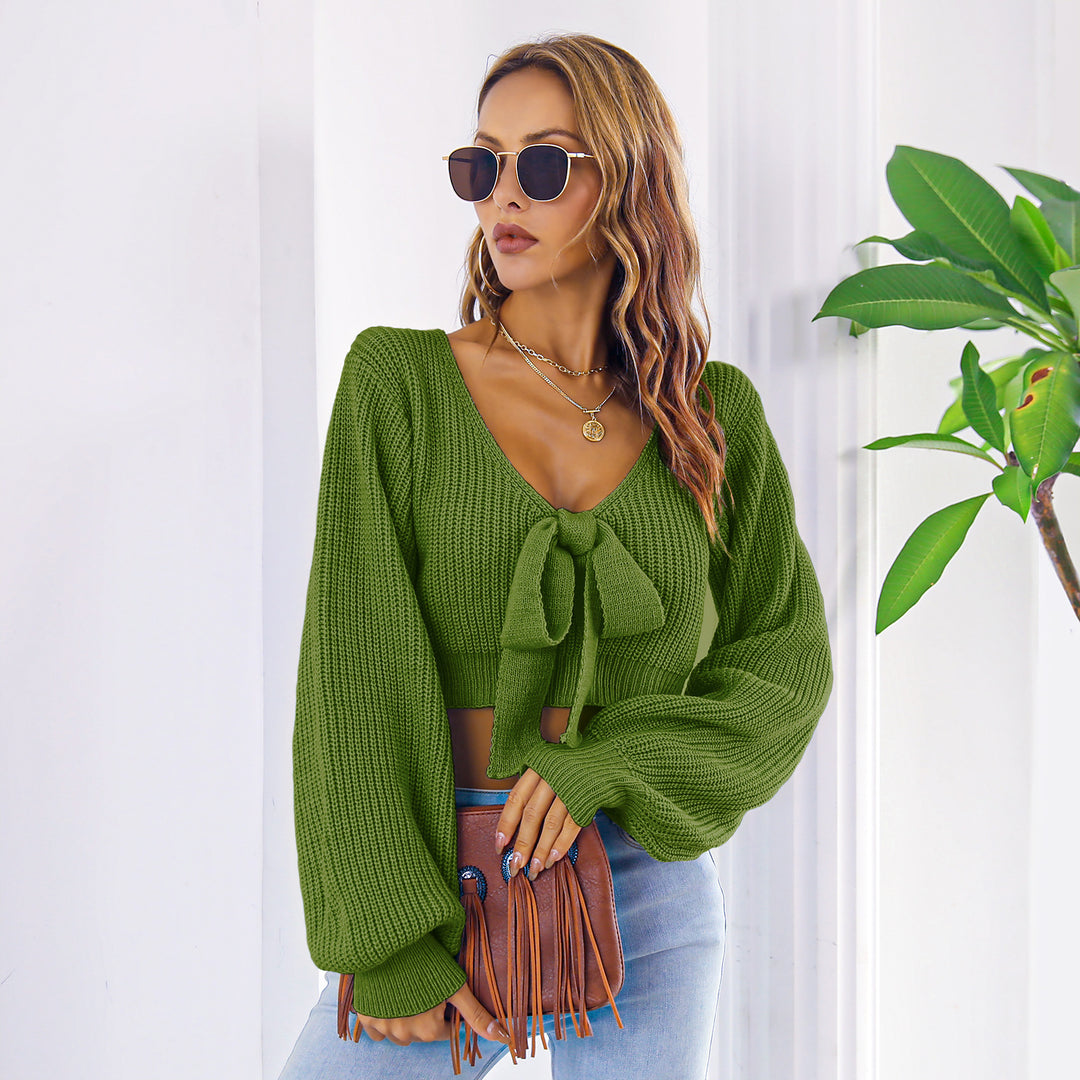 Dame strikket cropped top med V-hals og sløjfedetaljer Stilla