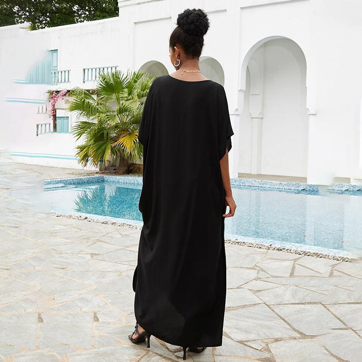 Dame Maxi-Kaftan med blomsterbroderimønster og luftige ærmer Stilla