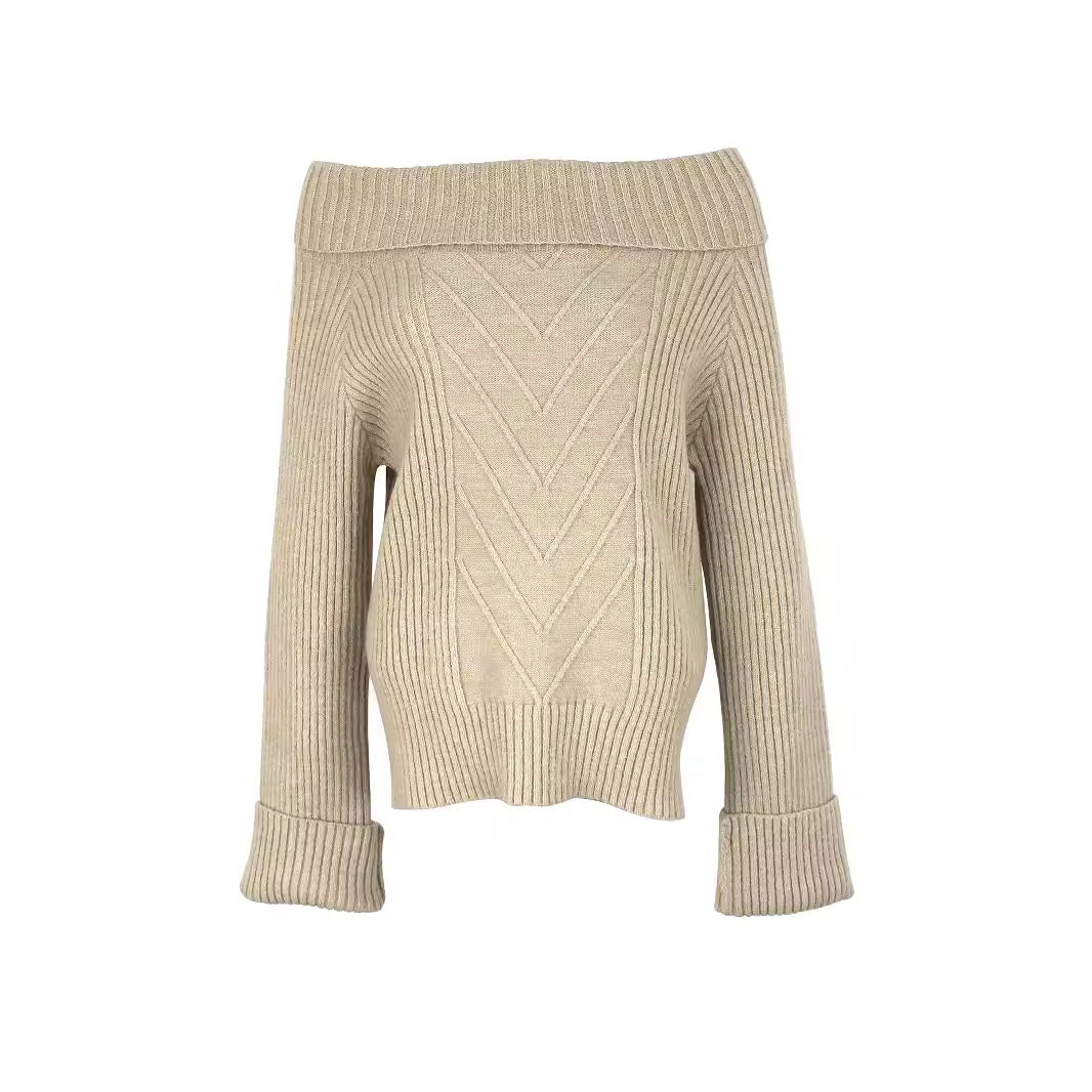 Dame Off-Shoulder Strikpullover med bredt bånd og ribstruktur Stilla