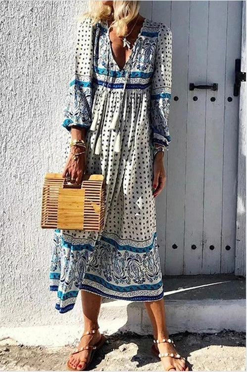 Dame Boho-Midi kjole med fine detaljer og smart mønster Stilla