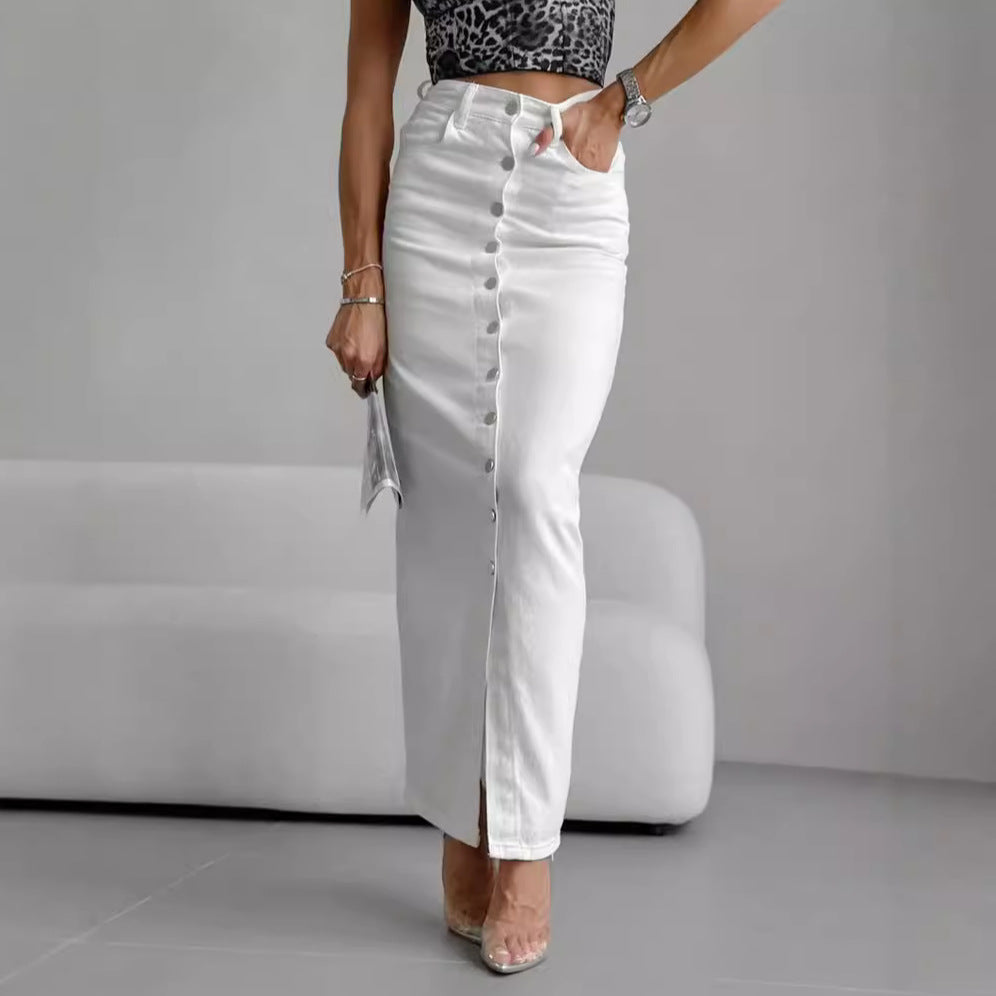 Dame lang denimnederdel med knapdetaljer og elegant deling Stilla