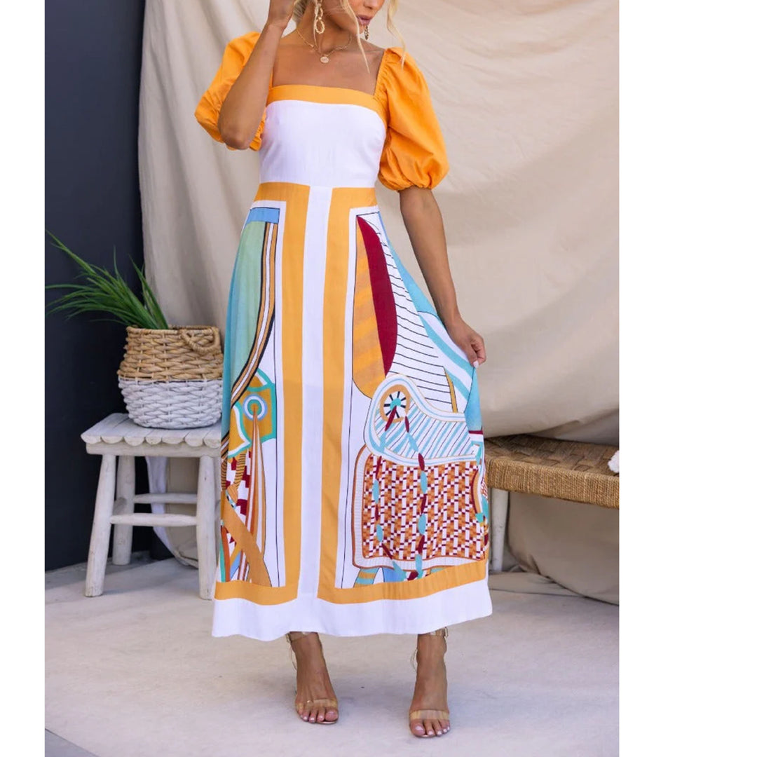 Dame maxi kjole med kreativ kunsttryk og pufærmer