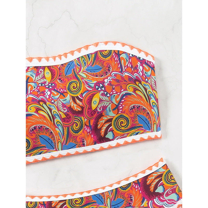 Damer Bandeau-bikini-sæt med blomsterdesign og raffinerede trim-detaljer Stilla
