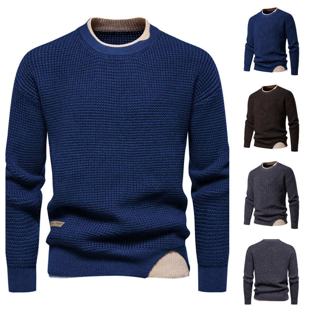 Herre Struktureret Strikket Rundhalset Pullover med Kontrastdetaljer Stilla