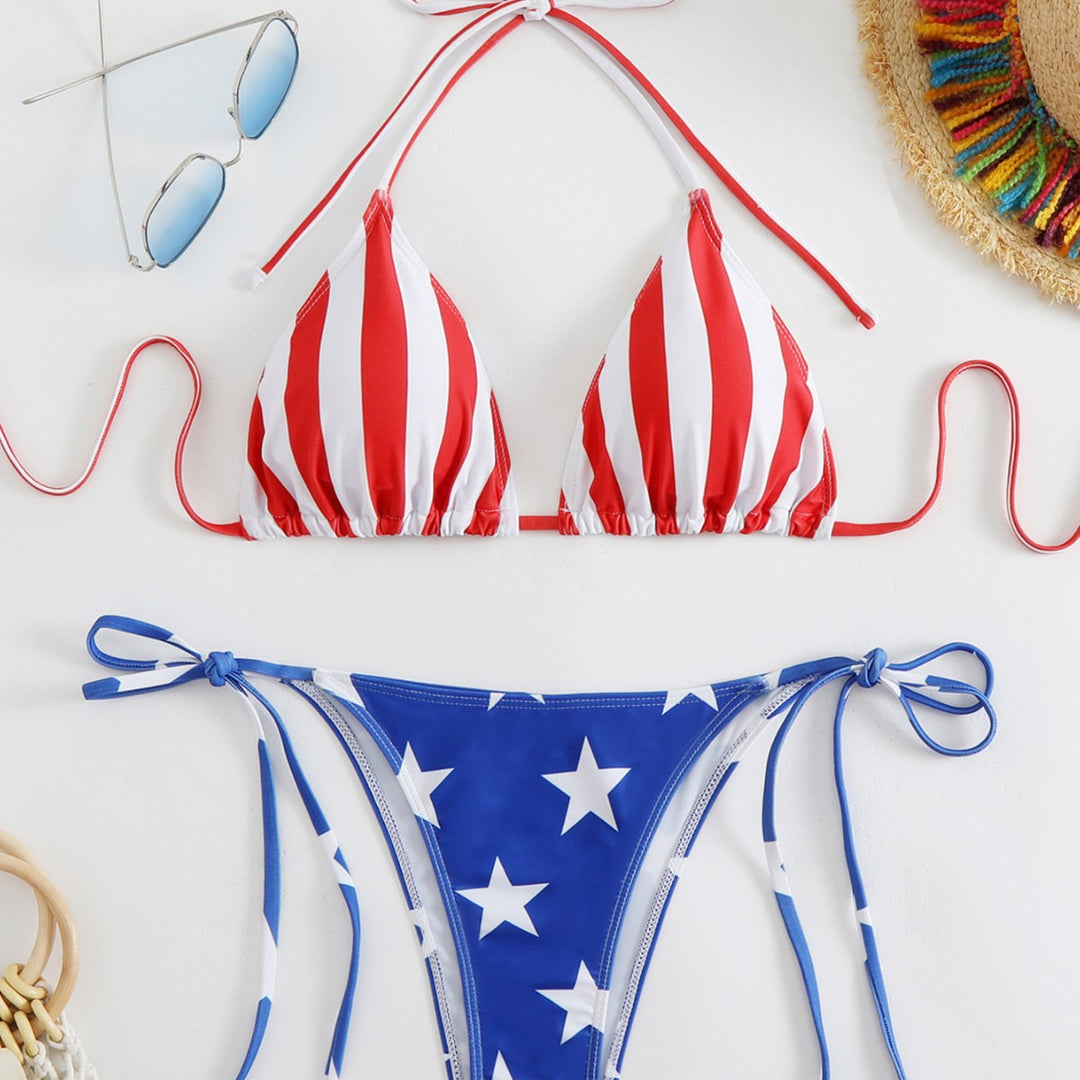 Femme Triangle Halterneck-Bikini-Sæt med stjerne- og stribemønster Stilla