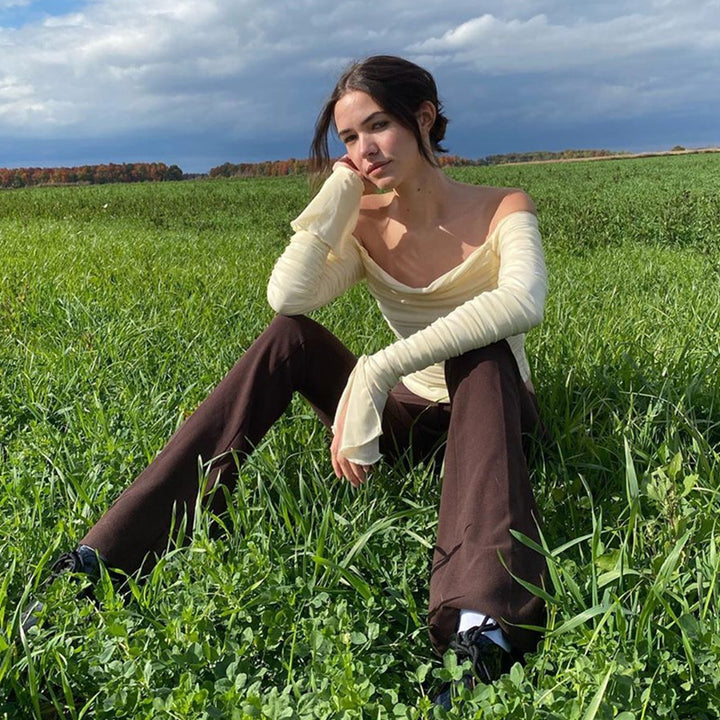 Dame Off-Shoulder Langærmet top med flæser Skovae
