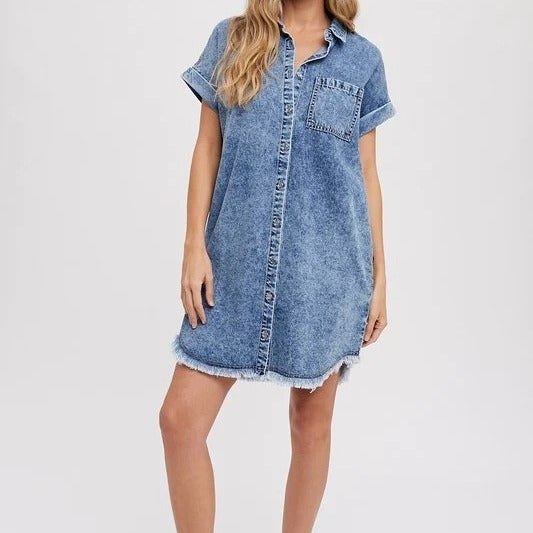 Dame Denim Skjortekjole med afslappet snit og praktiske lommer Stilla