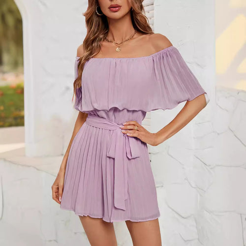 Dame Off-Shoulder Playsuit med flydende folder og figursyet bælte Stilla