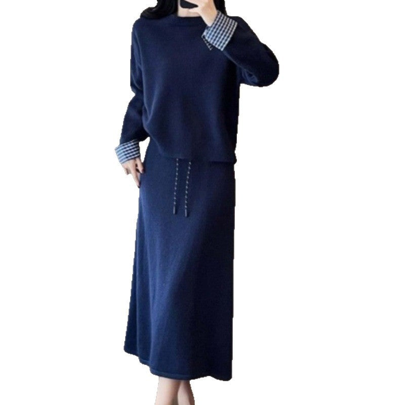 Dame Elegant Strikkjole med Aftagelig Blusekrave og Snøre