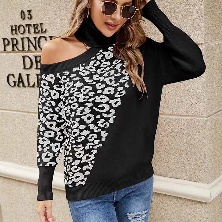 Damepullover med moderne leopardmønster og off-shoulder design Stilla