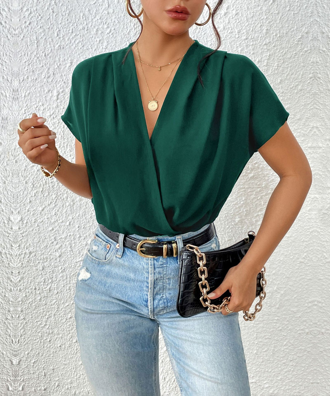 Dame elegant V-udskærings-bluse med korte ærmer Stilla
