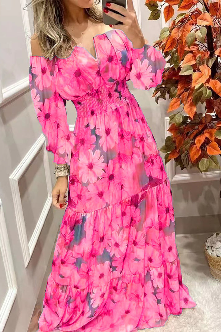 Stilla | Blomster Off Shoulder V-hals Maxi Kjole