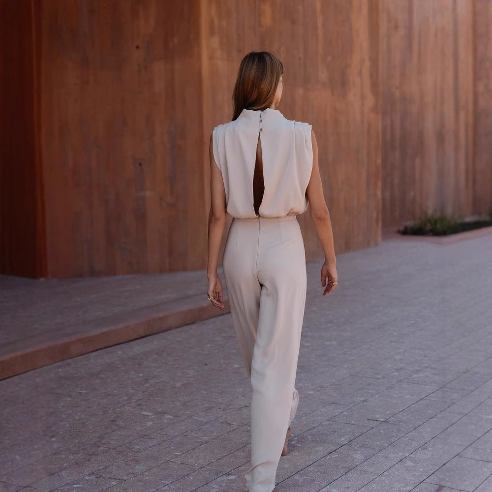 Dame Elegant Jumpsuit med høje ben og smart stålkrave Stilla