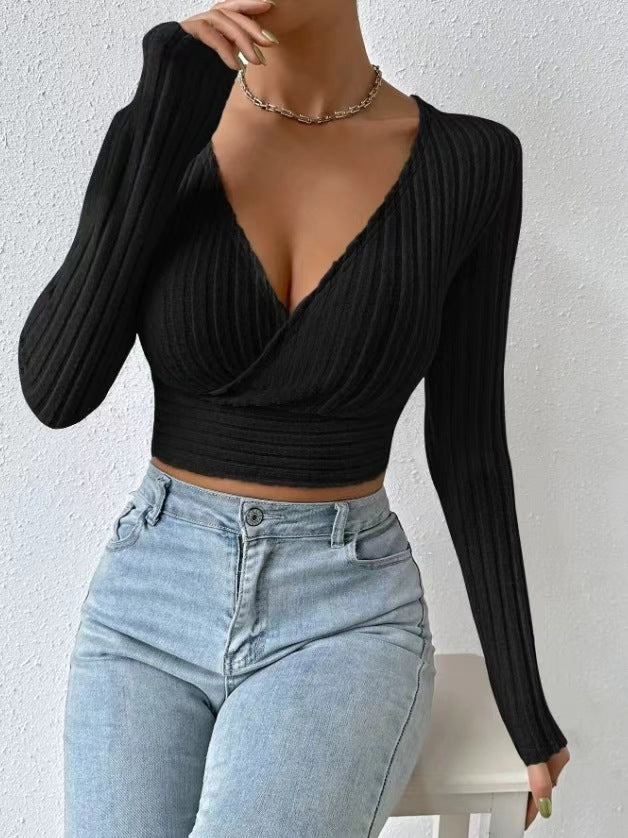 Dame figursyet, langærmet Crop-Top med omslagdesign og ribstruktur Stilla