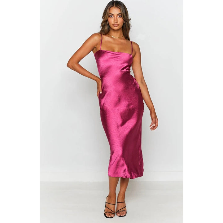 Women's satin midi dress with narrow spaghetti straps and elegant cut Skovae
