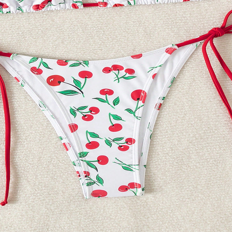 Dame triangle bikini med munter kirsebærdesign og justerbare bindebånd Skovae