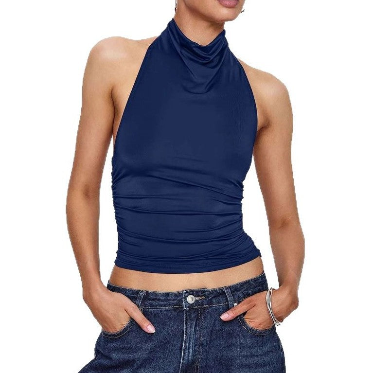 Dame afslappet crop-top med høj halsudskæring og dekorativ ruching Stilla
