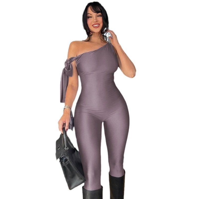 Dame elegant en-skulder jumpsuit med figur-pasformet snit og stilfuld knude Skovae