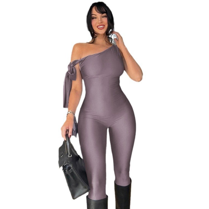 Dame elegant en-skulder jumpsuit med figur-pasformet snit og stilfuld knude Skovae