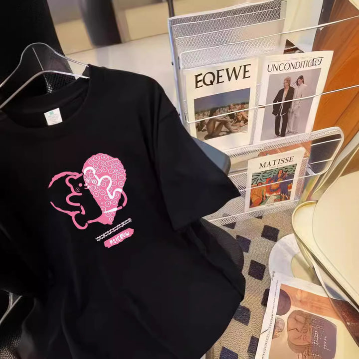 Dame T-shirt med kreativt hjerte- og dyremotiv Stilla