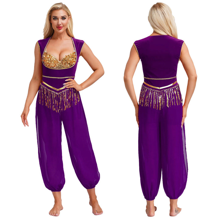 Dame kostume-jumpsuit med glitrende overdel og afslappet bukser Skovae