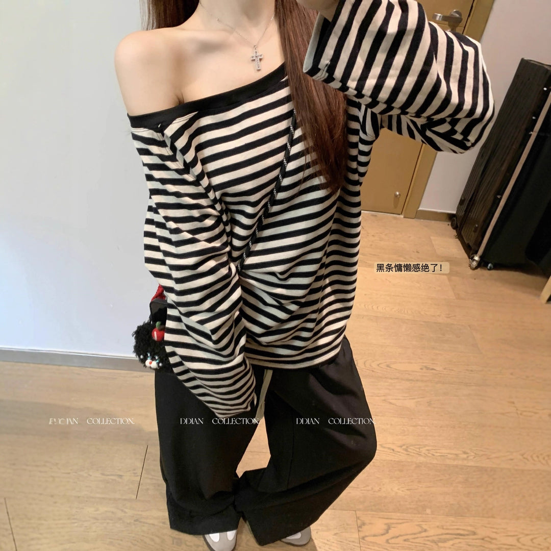 Kvinders afslappede oversized off-shoulder langærmet skjorte med stribet mønster Stilla