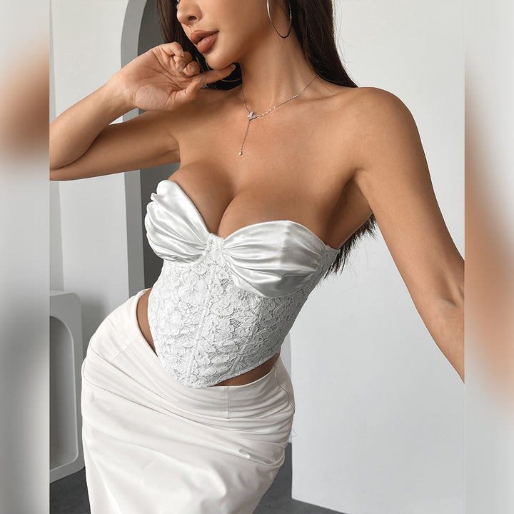 Dame Korset-Top med elegant satin-overflade og blondereinsats Stilla