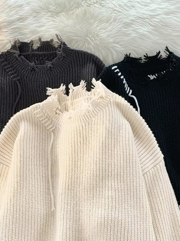 Dame Oversized Pullover med moderne frynser og unikke kontrastsyninger Stilla