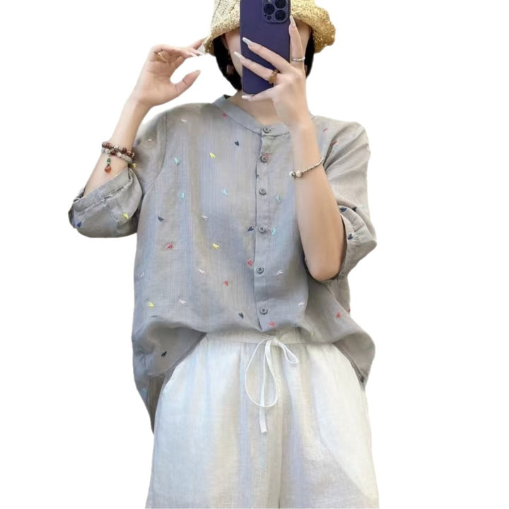 Dame Fritid Let Broderet Button-Up Skjorte Stilla
