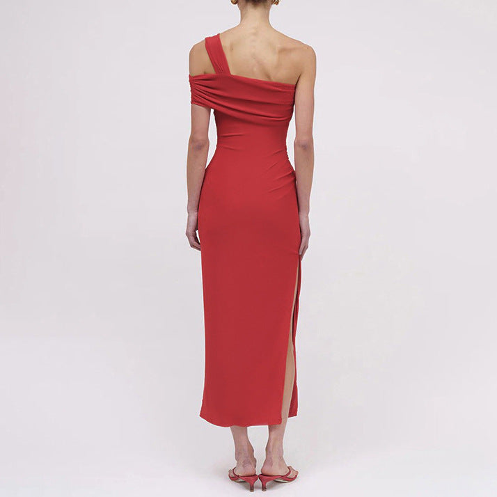Dame Elegant Maxi Kjole med asymmetrisk U-Hals og figursyet Draperingsdesign Skovae