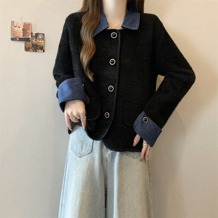 Dame hyggelig cardigan med kontrasterende denimærmer Stilla