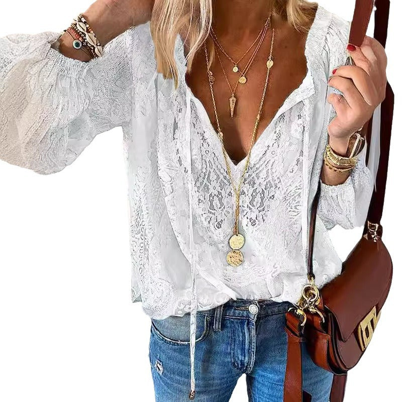 Dame elegant bluse med fin lace og dyb V-udskæring Skovae
