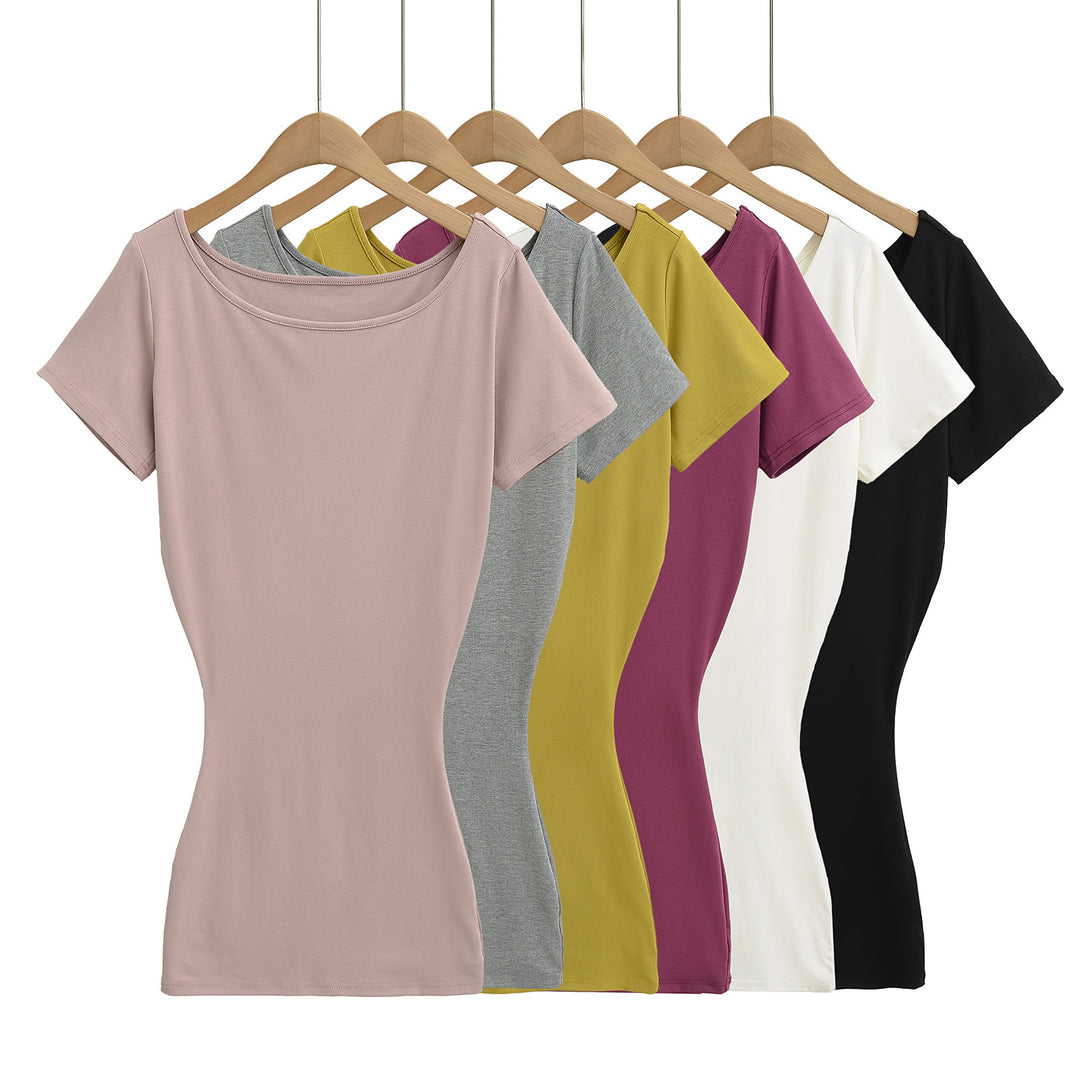 Dame tætsiddende T-shirt med bred rund halsudskæring og elastisk materiale Stilla