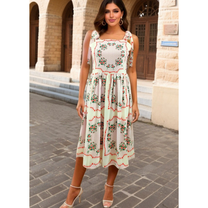 Dame Floral Print Midi Sommerkjole med Rynkede Stropper Stilla