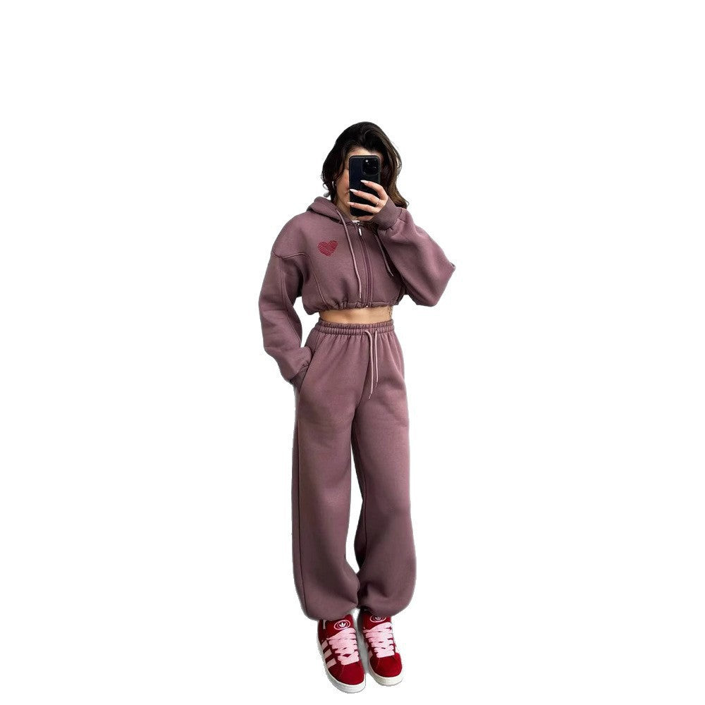 Dames afslappet hoodie og joggingbukser sæt med cropped top og elastisk talje