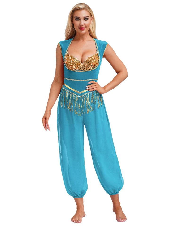 Dame kostume-jumpsuit med glitrende overdel og afslappet bukser Skovae