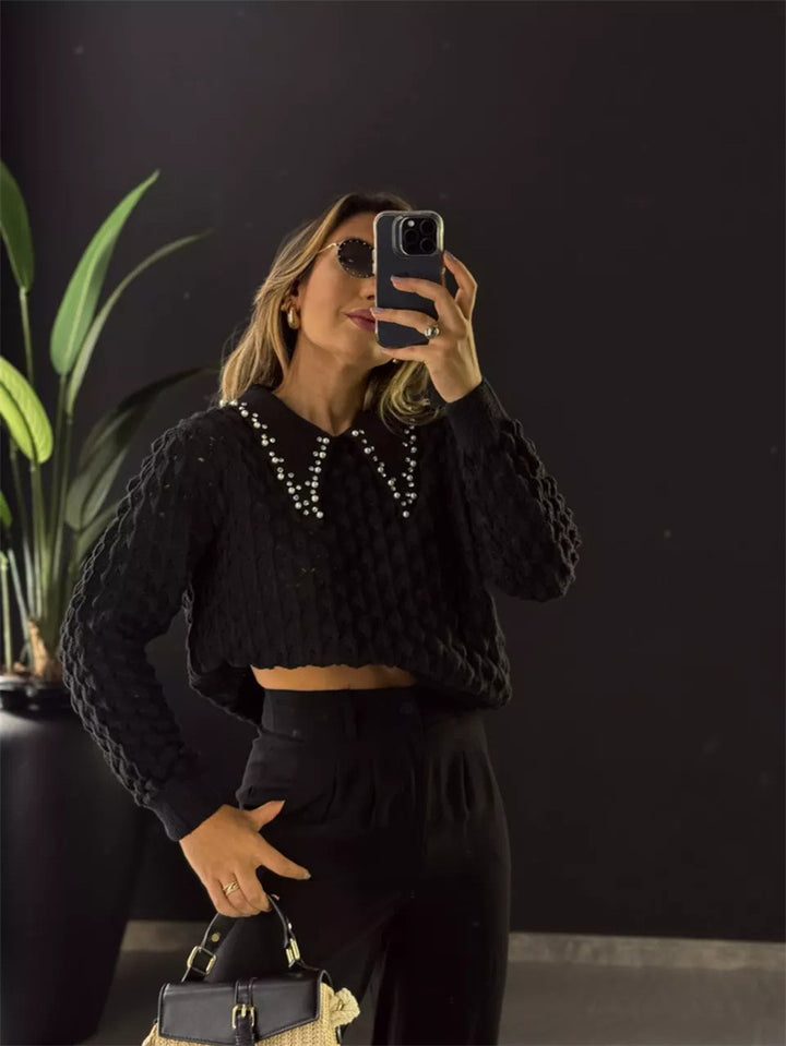 Dame Grovstrikpullover med elegant knappeliste Stilla
