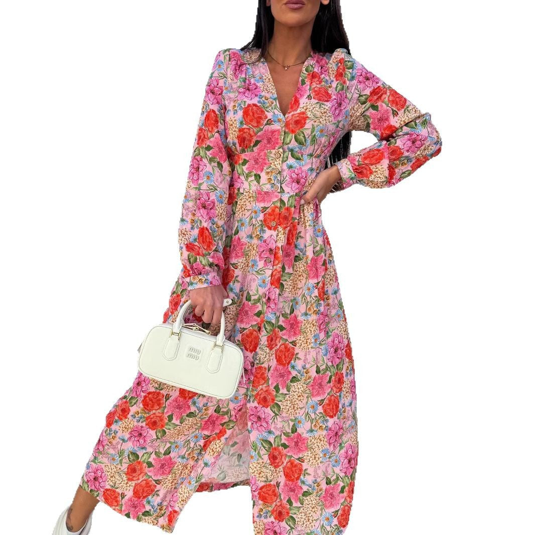 Dame Floral Print Maxikjole med Knaplån Stilla