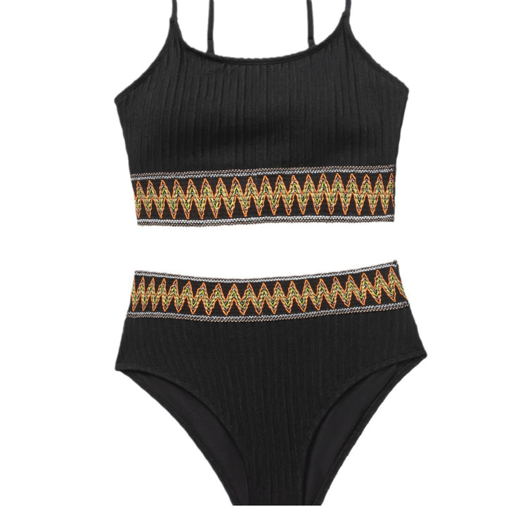 Dame bikini sæt med figursyet ribmønster og farverig elastisk bånd Skovae