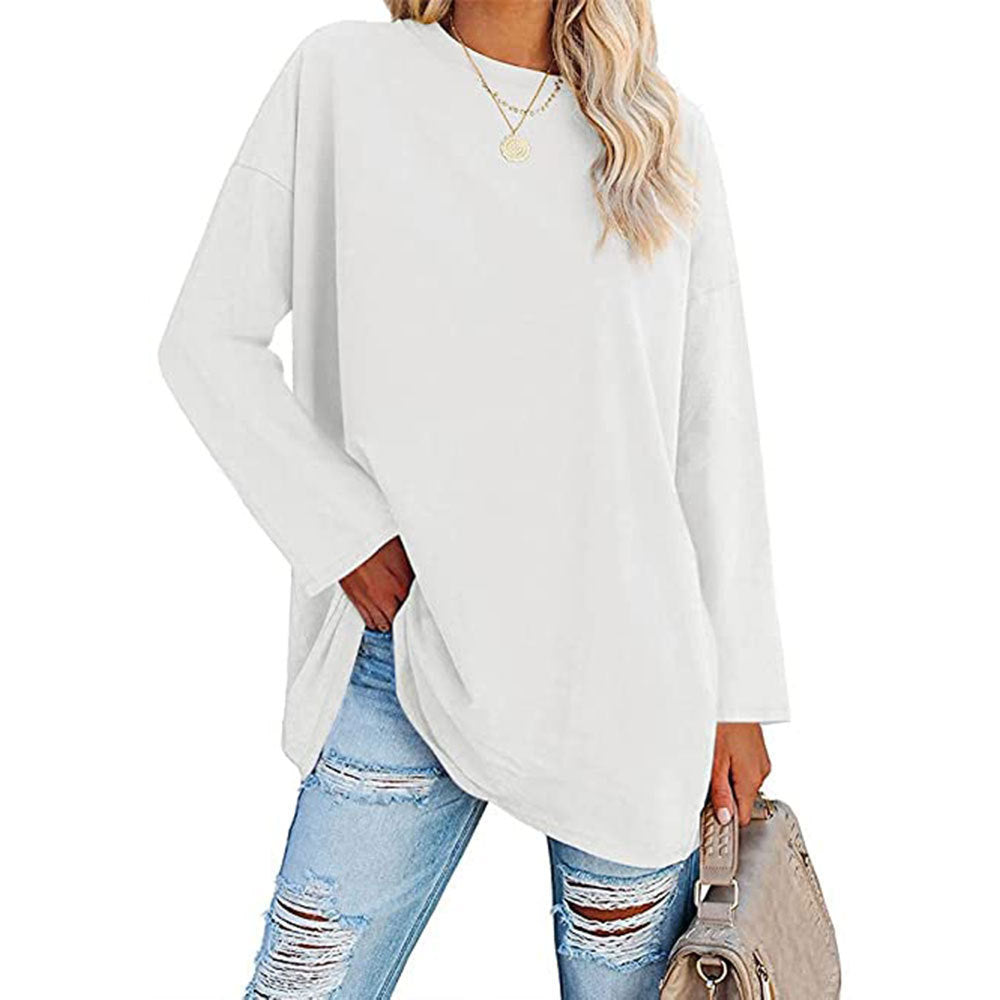 Dame afslappet oversized langærmet t-shirt med dyb rund halsudskæring og sidelange slidser Stilla