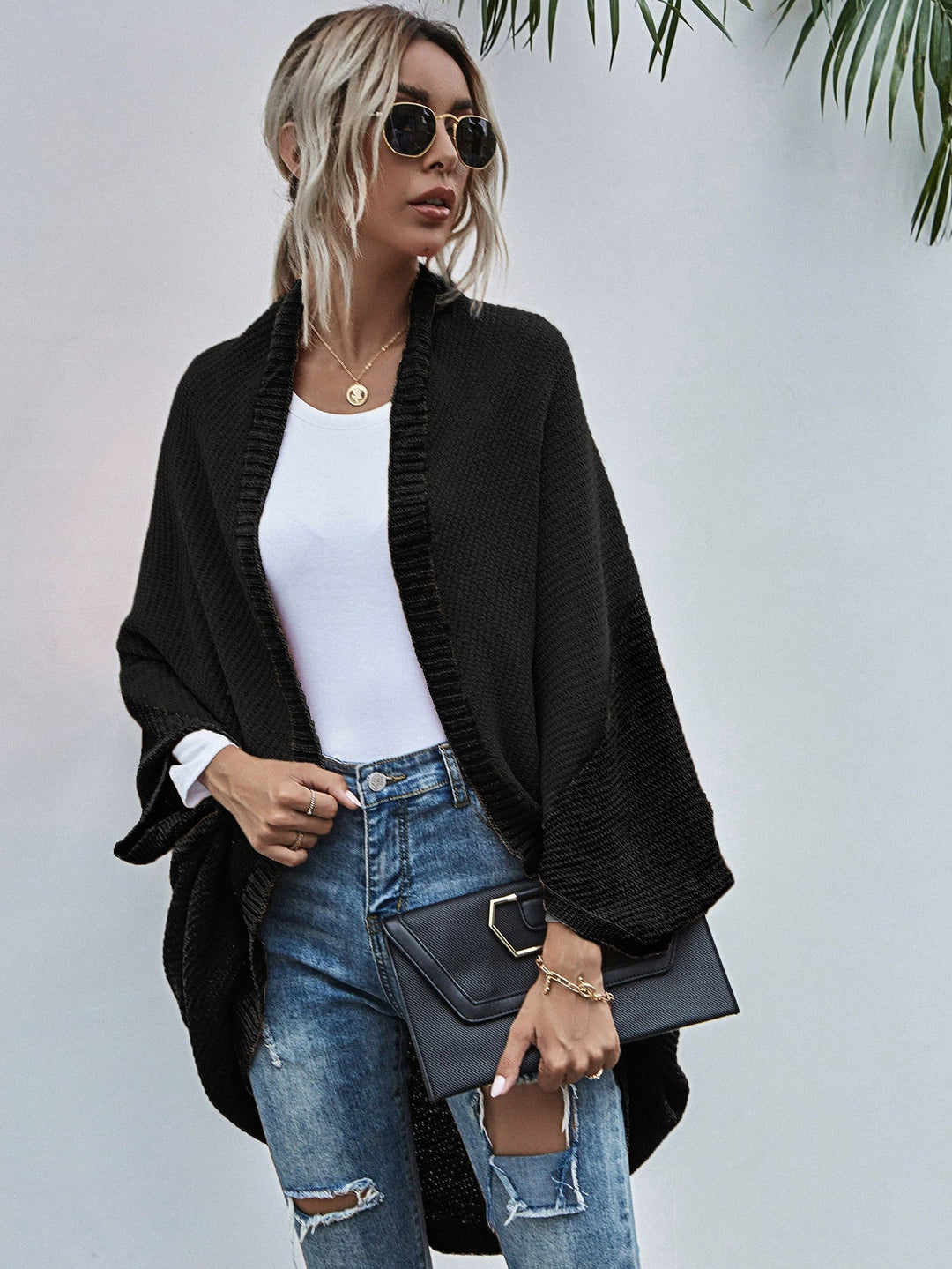 Stilla | Strikjakke Oversized Pasform Uld Strik Åben Front Flagermusærmer