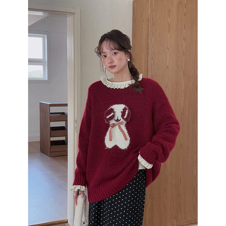 Dame hyggelig sweater med sødt kaninmotiv og flæsedetaljer Stilla