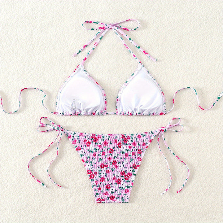 Dame triangle bikini sæt med legende rynk og smukt blomsterdesign Skovae