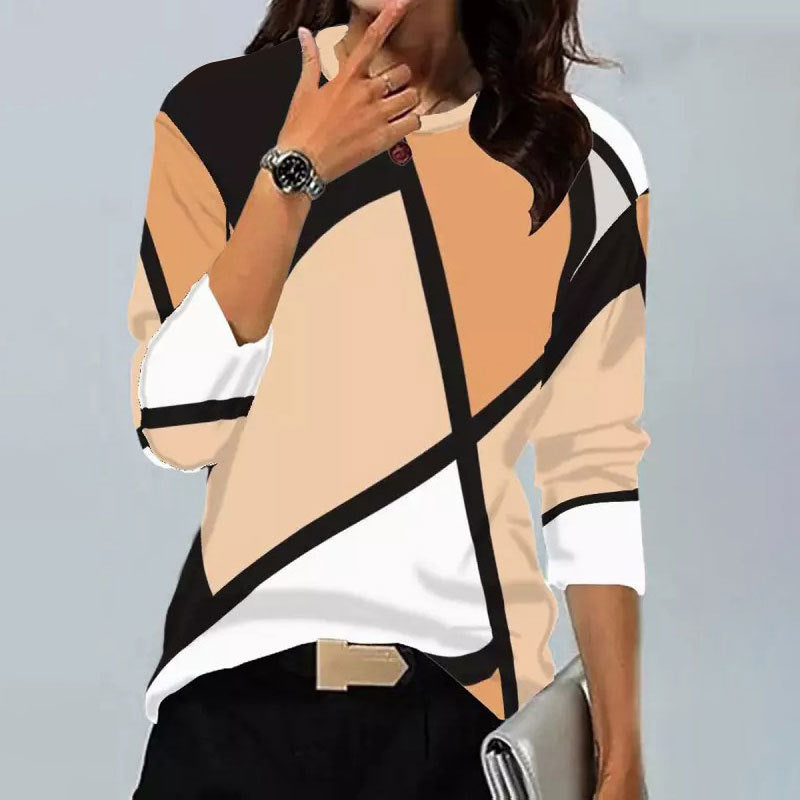 Stilla | Trendy Vintage Geometrisk Print Rund Hals Langærmet T-shirt