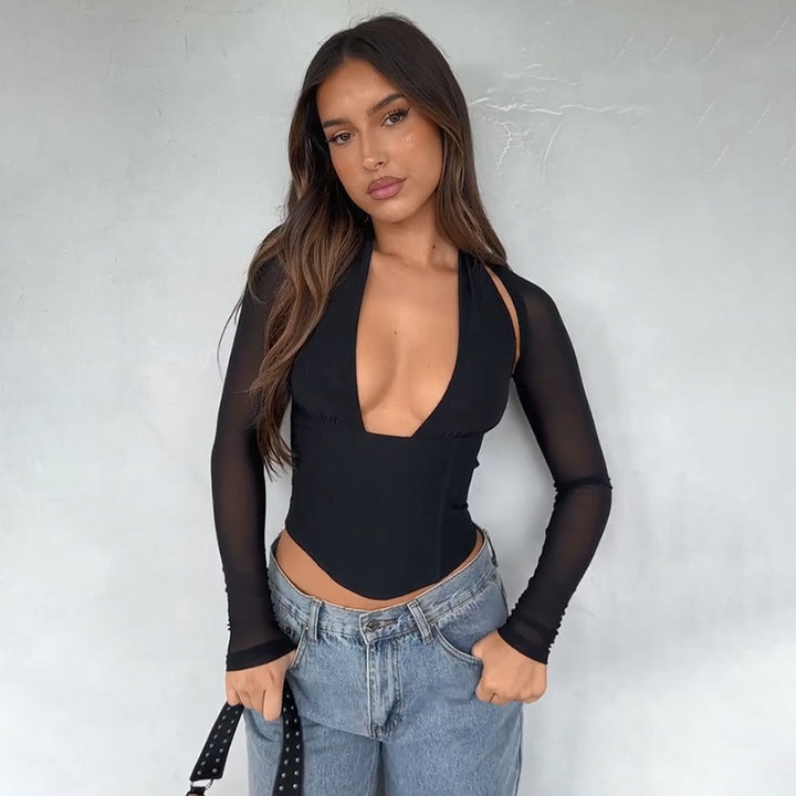 Dame Højhalset Crop-Top med gennemsigtige ærmer Skovae