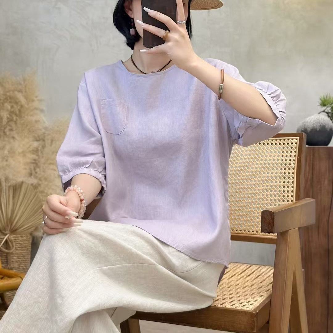 Dame Casual Pullover-T-shirt med lomme detaljer Stilla