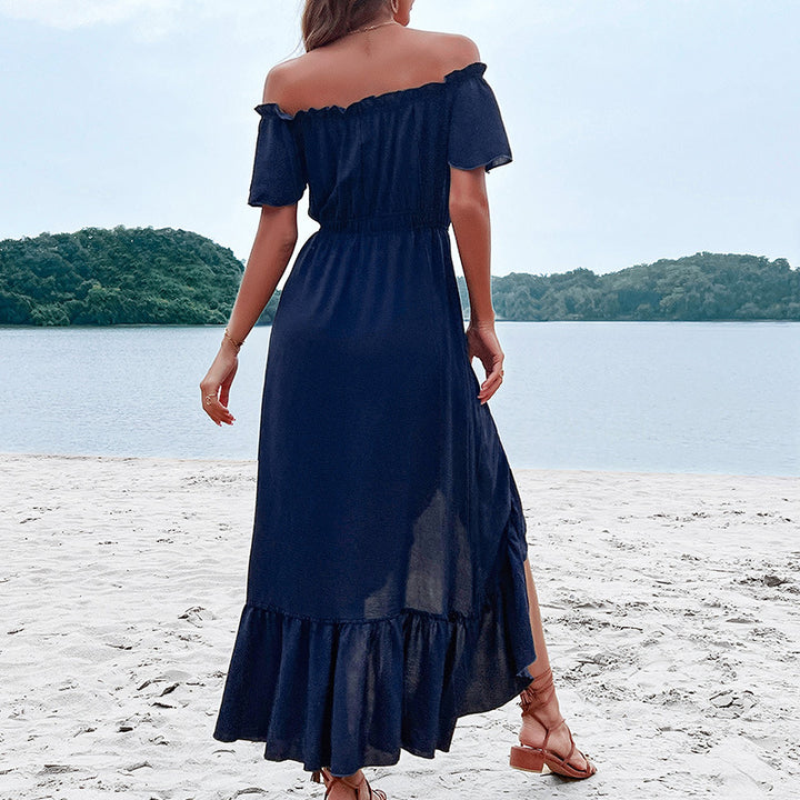 Dame Off-Shoulder Knaplukning Maxikjole med Flæsekanter Stilla
